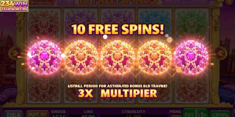 A modern video slot showing scatter symbols triggering a 10 free spins bonus round with 3x multiplier